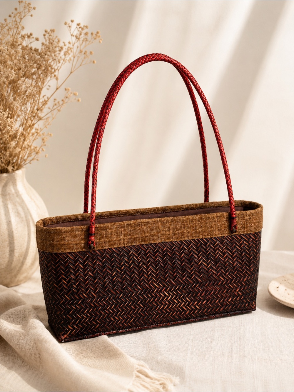 Vintage  Woven Rectangular Boho Tote in Brown with Red Handles